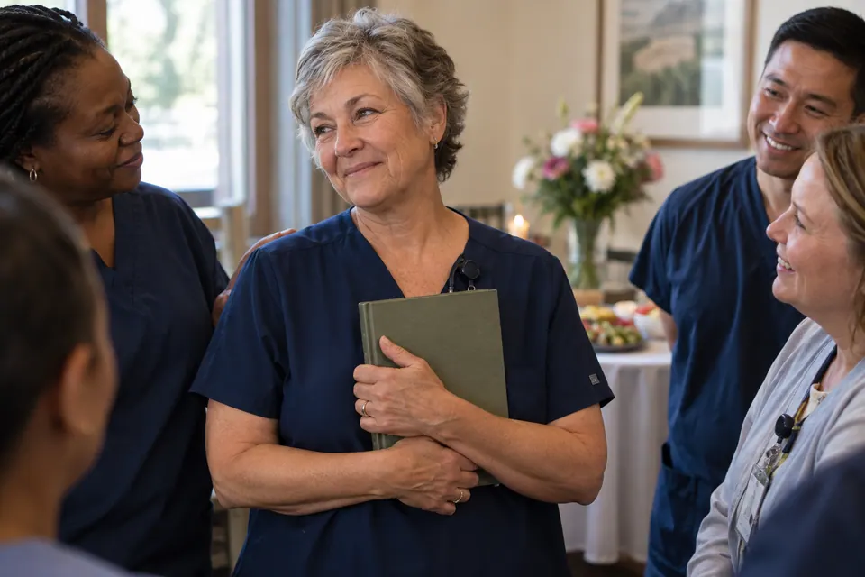 Retiring nurse Ruth holding a tribute book with her colleagues